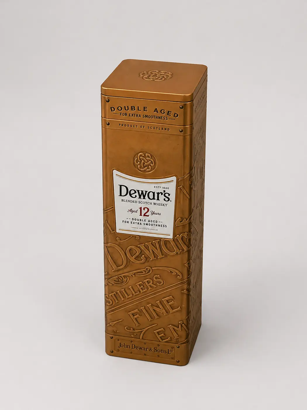 Dewar's whisky embossed metal tin
